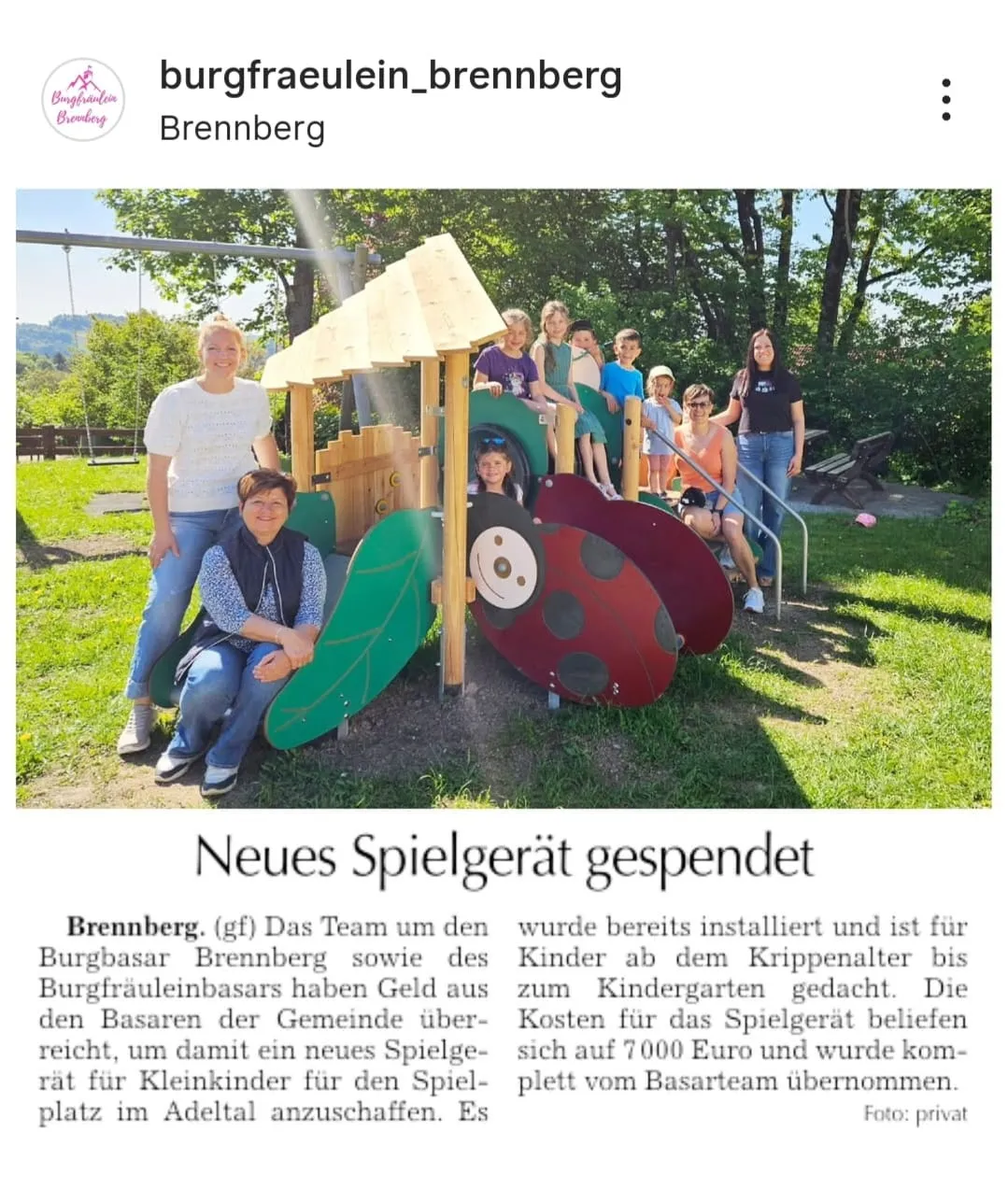 Newspaper article: new play equipment donated for the playground