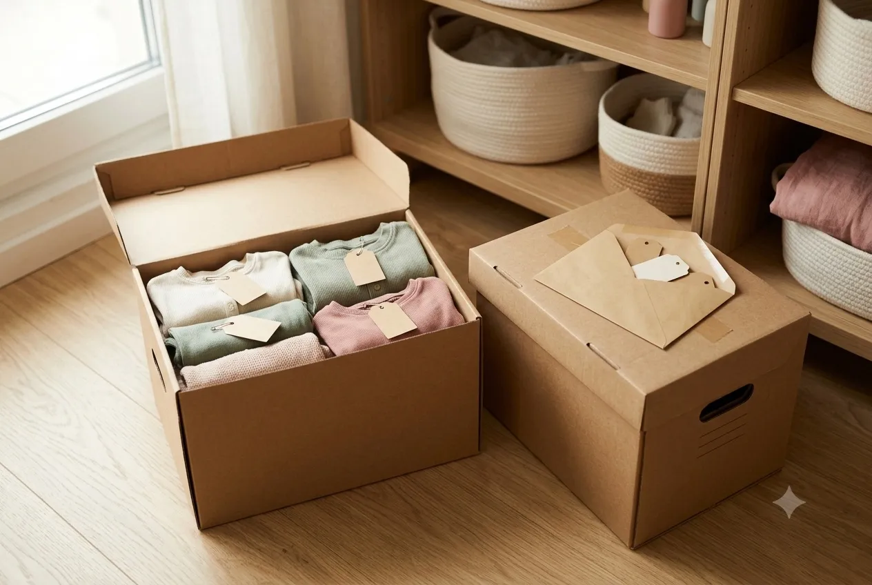 Two storage boxes: one open with folded children's clothes and attached price tags, next to a closed box with an envelope of spare labels on its lid