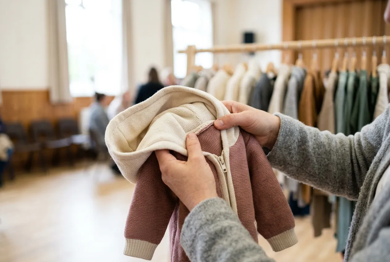 Hands holding up a used children's hooded jacket and feeling along the neck area, a rail of children's clothes in a bright hall in the background
