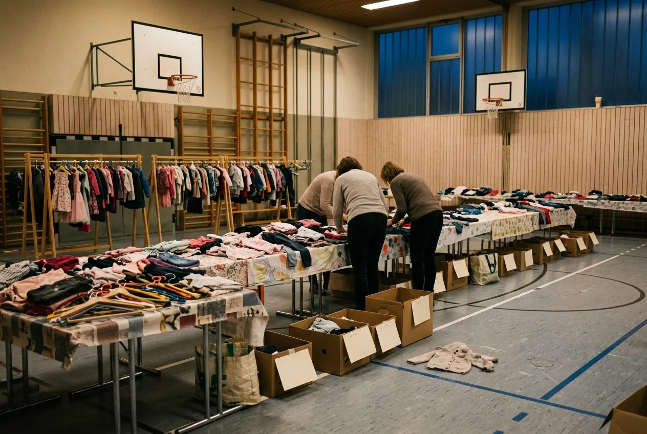 The gym in the evening after the bazaar: tables of unsold children's clothes, clothes rails, cardboard boxes with number cards on the floor and volunteers sorting items back