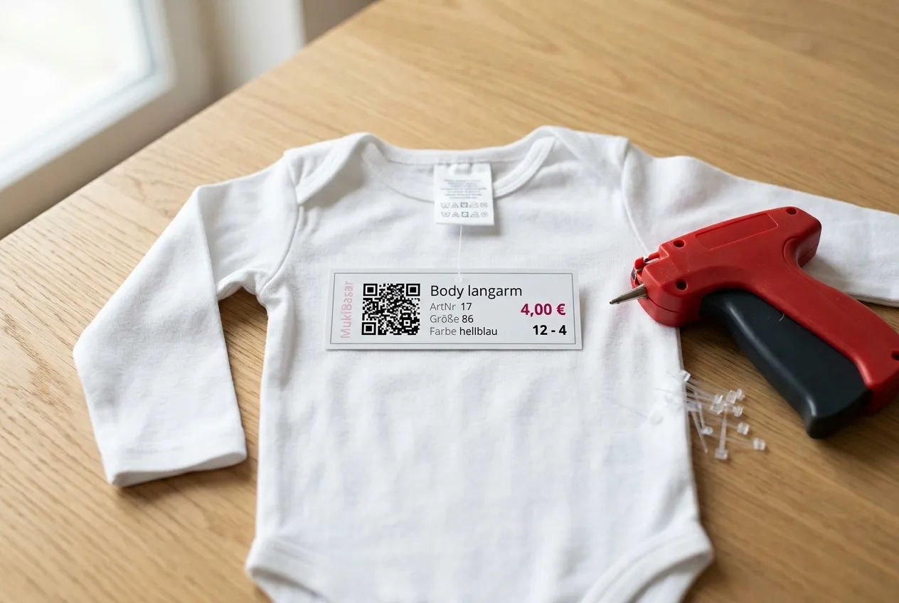 Ein weißer Babybody liegt auf einem Holztisch, am Pflegeetikett im Nacken hängt an einem kurzen Kunststofffaden ein MukiBasar-Etikett aus Karton mit QR-Code und Preis; daneben eine Etikettierpistole
