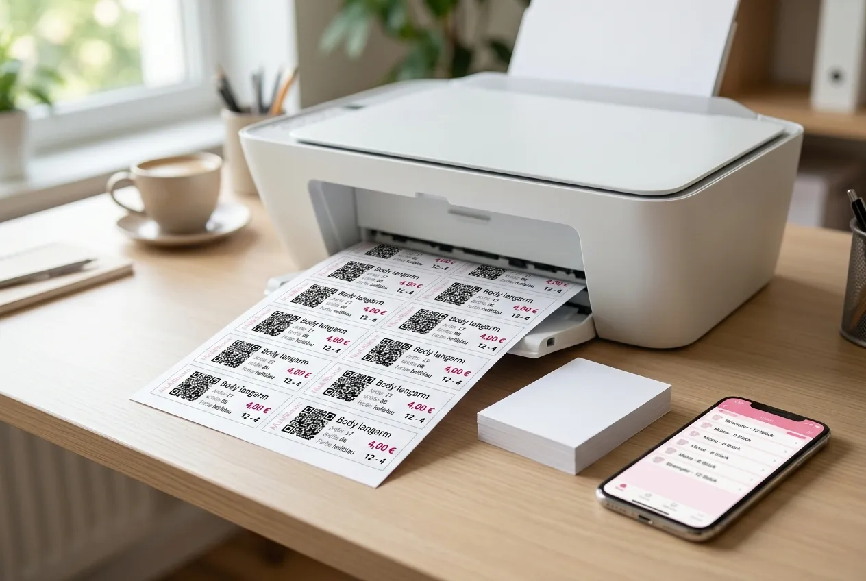 Ein weißer A4-Bogen mit 16 MukiBasar-Etiketten kommt aus einem Tintenstrahldrucker auf einem Schreibtisch, daneben ein Stapel dickes Papier und ein aufgeklapptes Smartphone mit der Artikelliste