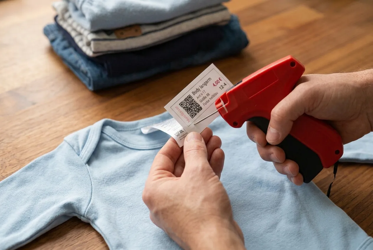 Nahaufnahme: Eine Hand hält eine Etikettierpistole und sticht die Nadel durch ein MukiBasar-Etikett aus Karton und das weiße Pflegeetikett im Nacken eines hellblauen Babybodys, der auf einem Holztisch liegt